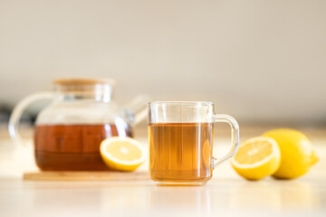 cup of black tea with lemon - close up