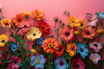 Floral arrangement of colorful flowers on a pink background