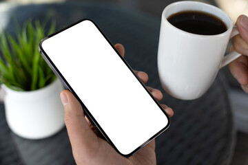 male hand hold phone with isolated screen background coffee cafe
