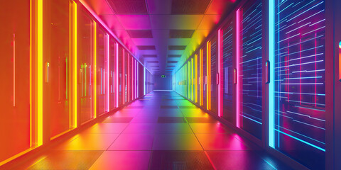 A neon-lit server room shines with an array of colors, casting vivid shadows on the walls