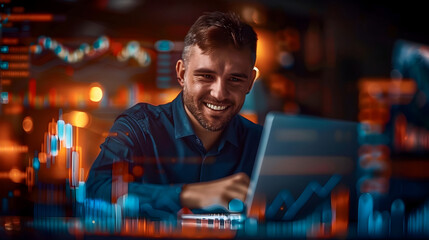 Determined Businessman Analyzes Financial Data Late at Night on Laptop with Vibrant Forex Diagrams
