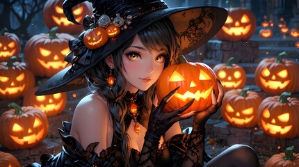 Halloween anime girl with pumpkins and castle. Generative AI