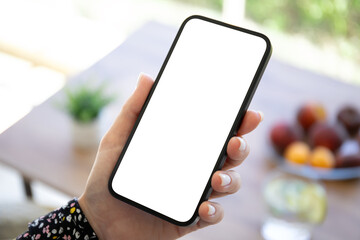 female hands hold phone with isolated screen background table cafe
