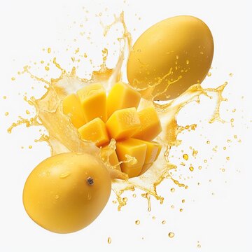 Juicy Mango Explosion: Art on a White Transparent Canvas fruit art, Summer fruit, Splash of mangoes 