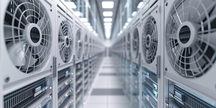 A clean room hums as powerful fans keep server racks cool and running smoothly