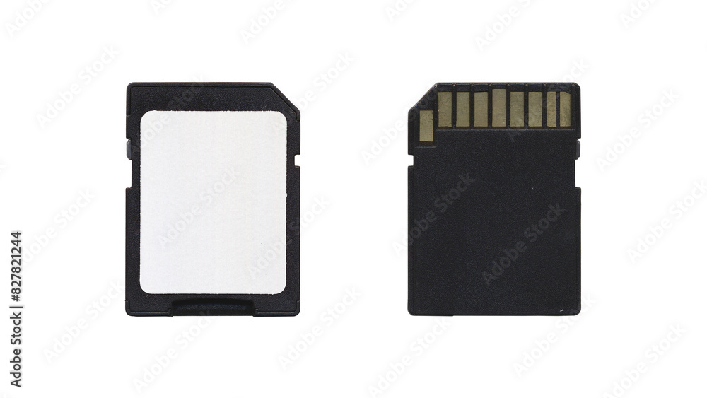 Wall mural set of black sd disk mockup, isolated memory cards in transparent background