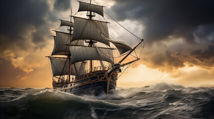 Fototapeta premium Double Exposure of a tall ship in rough seas with ominous skies illustration ~ Created using Generative AI