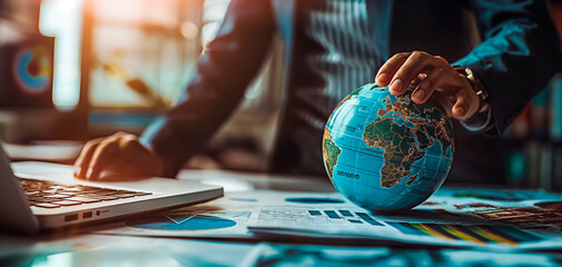 Concept of global business strategy and strategizing for global success for the business or company. A man in a workspace holding a globe analysing global markets.