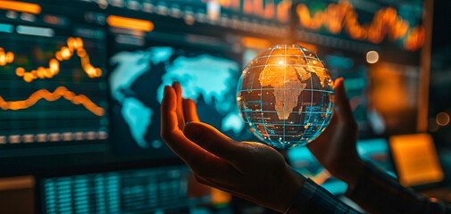 Concept of worldwide market trend, international business analysis and financial foresight. Hands holding the world against global economic data.