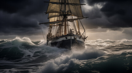 Fototapeta premium Double Exposure of a tall ship in rough seas with ominous skies illustration ~ Created using Generative AI