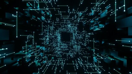 The camera moving through a scientific tunnel made of connected lines and dots glowing in blue neon. 3D rendering as looping background for sci-fi movies and technology related presentation