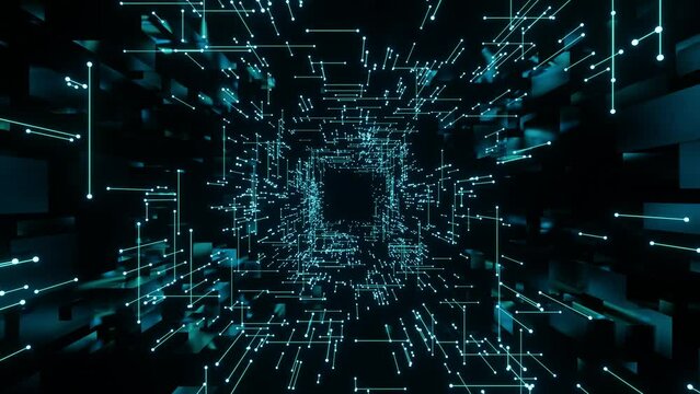 The camera moving through a scientific tunnel made of connected lines and dots glowing in blue neon. 3D rendering as looping background for sci-fi movies and technology related presentation