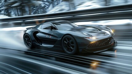 3D rendering of a brand-less grey sport car with light effect and motion blur