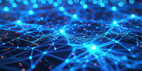 A network of glowing blue fiber optic cables connects multiple devices, forming a mesmerizing pattern.