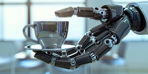 Obraz premium A sleek robotic arm holds a glistening silver cup, ready to serve coffee or tea