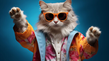 White cat wearing sunglasses and a Hawaiian shirt on the Dark Blue Background AI Generated