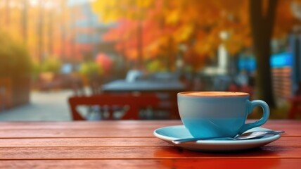 Cappuccino in a blue cup on outdoor cafe table with autumn leaves background. Coffee with blue cup was placed on wooden brown table with fall season. Seasonal beverage and relaxation concept. AIG35.