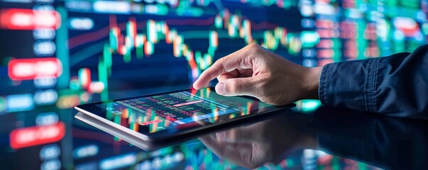 Businessman analyzing stock market data on a digital tablet with global currency exchange icons