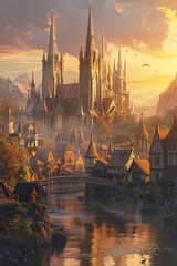 Naklejka premium Realistic Fantasy Village with Wildlife Ambiance