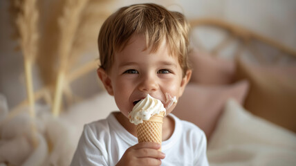 Cute little boy is eating vanilla ice cream. 
