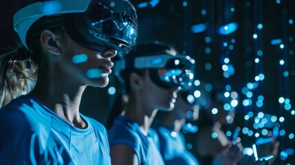 Fototapeta premium A group of athletes participating in a virtual teambuilding exercise through the use of augmented reality.