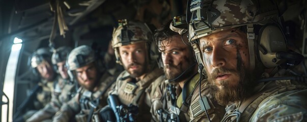 Men in military uniforms huddled in a helicopter