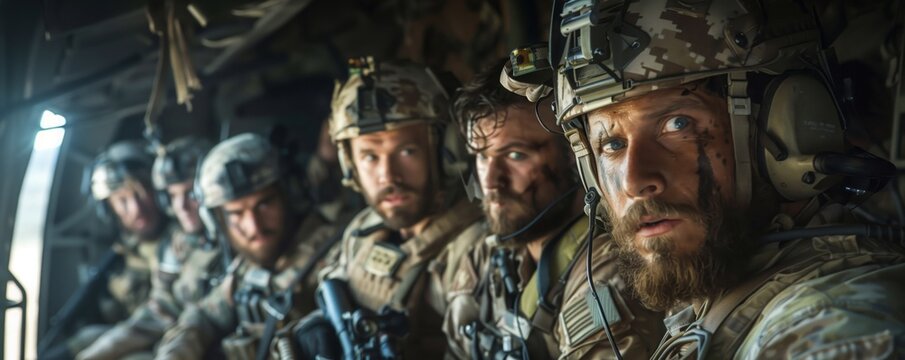 Men in military uniforms huddled in a helicopter