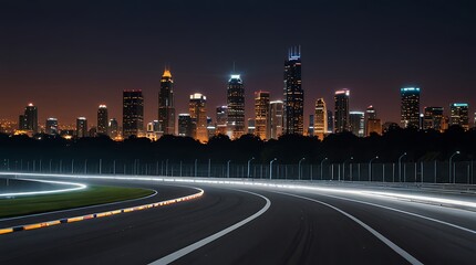 Obraz premium night view of a city skyline from a Formula One race track