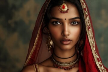 A beautiful woman in red sari and jewelry.