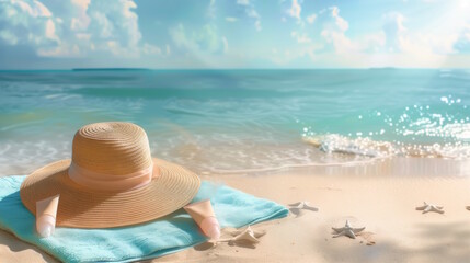 Straw hat and sunscreen on beach towel, concept of summer vacation and sun protection