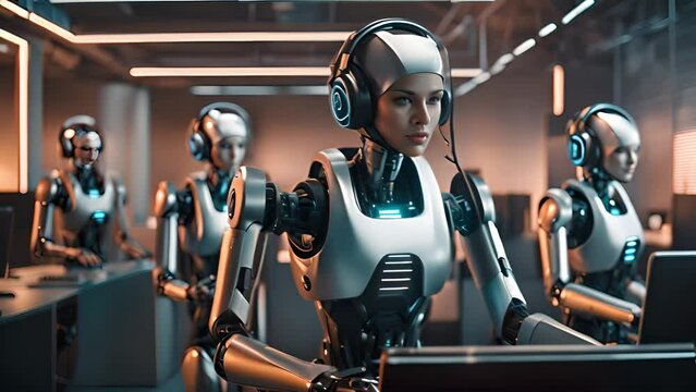 A bunch of robots gathered around a computer screen