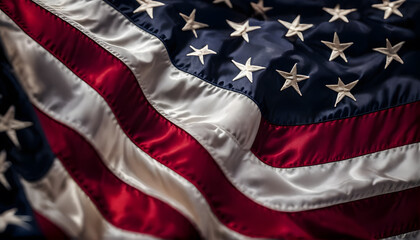 The waving flag of the United States of America with close up camera