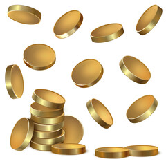 set of shiny gold coins in 3D style on a white background