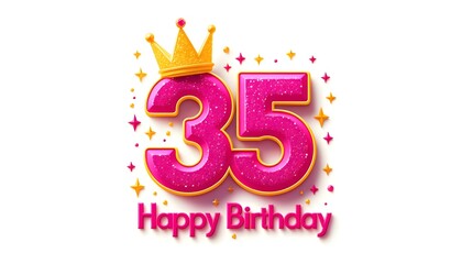 Glittery Pink 35th Birthday Graphic with Golden Crown and 3D 'Happy Birthday' Text