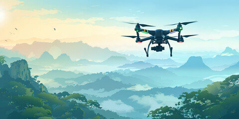 A drone operator flies their quadcopter through a breathtaking landscape, capturing stunning aerial footage for their client