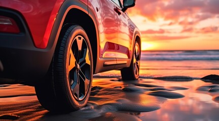 
A red SUV was parked on the beach with a sunset background.
