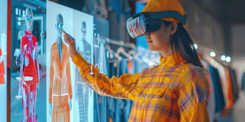 A fashionista uses augmented reality AR to design their future clothing for bodies.