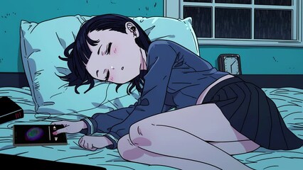 cute anime girl sleeping on the bed, lofi anime cell shading animation