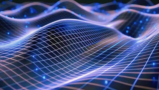 A 3D grid where lines move in a wave-like motion, with blue points highlighting intersections, 4K black background High-Quality Animation Video