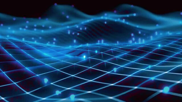 A 3D grid where lines move in a wave-like motion, with blue points highlighting intersections, 4K black background High-Quality Animation Video