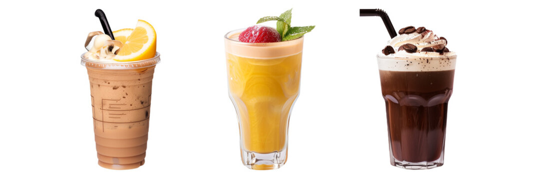 set of beverages, including coffee and smoothie, isolated on transparent background
