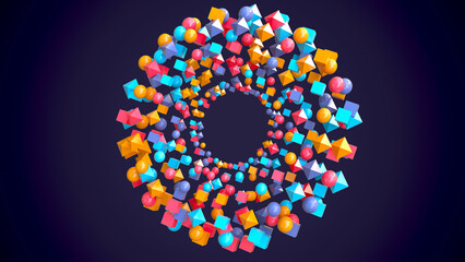 Science geometric abstract background with 3d torus, cube, sphere, pyramid shapes in bright vibrant colors. Minimalist modern, futuristic, technology concept. STEM concept. Texture with copy space.