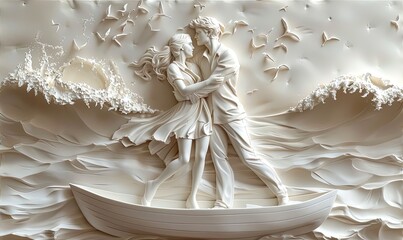 bas-relief, gypsum beautiful picture of a modern couple hugging, standing on a Boat