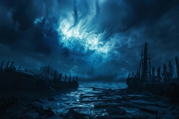 Fototapeta premium A celestial event causes mass extinctions, turning the sky a deep indigo, over a sunken harbor with blurry background, scifi photo, Sharpen banner