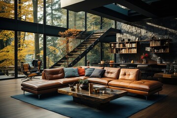 Room interior with a large sofa. Living room