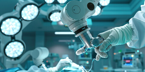 A surgeon navigates a robotic arm during a delicate surgical procedure, their concentration etched into every precise movement.