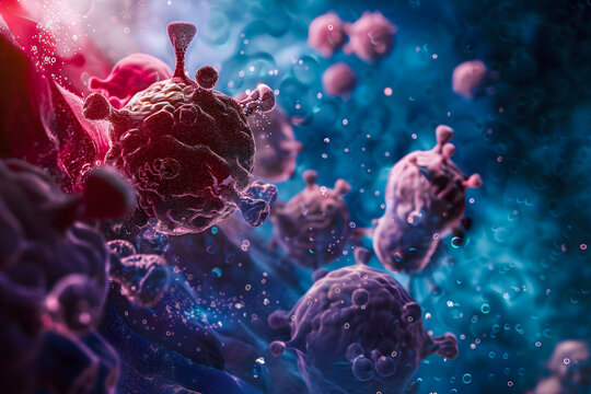 Marco shot of virus flu cells in blood under the microscope.
