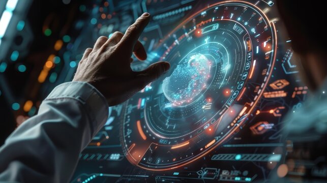 A functional medicine practitioner is mapping out a personalized treatment plan on a hitech HUD hologram, close up, with a cinematic look and copy space