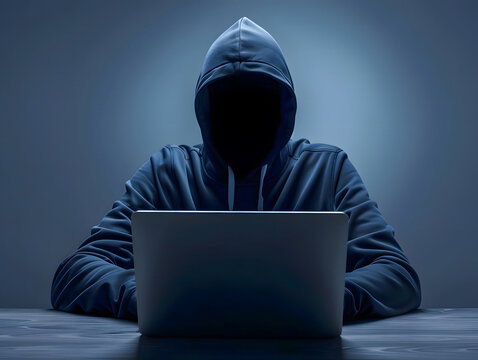Anonymous hacker man wearing a hood using laptop to hack.
