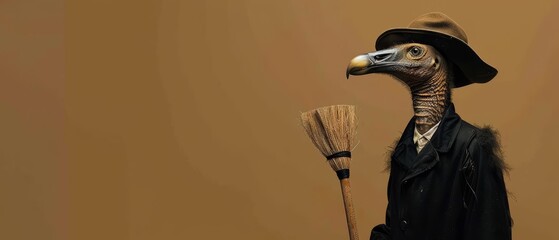 A vulture dressed as a janitor, holding a broom on a solid brown background with copy space